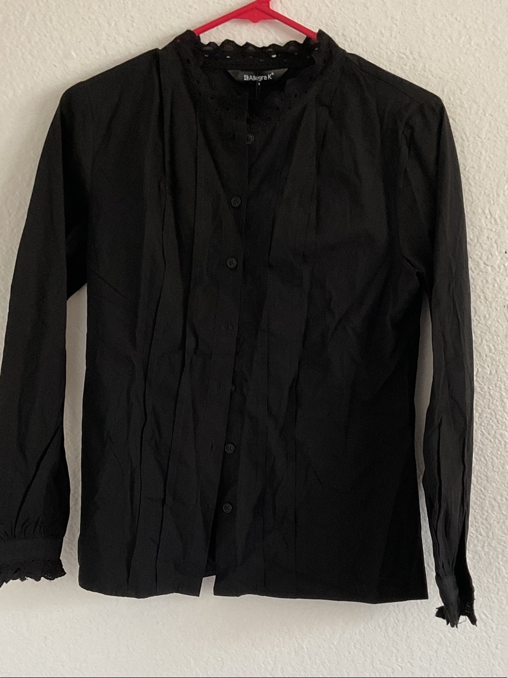 Allegra K Black Long-Sleeve Button-Up Blouse with Lace Trim